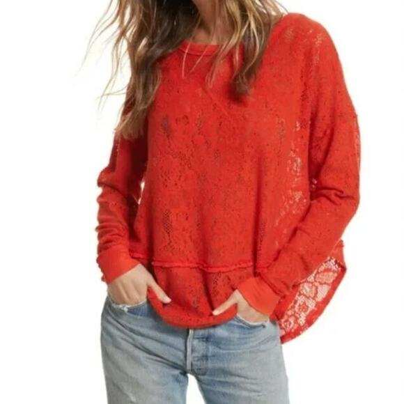 Free People Not Cold In This Flame Red Lace Sweater Top - Picture 1 of 9